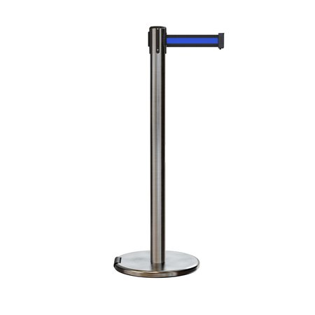 MONTOUR LINE Retractable Belt Rolling Stanchion, 2.5ft Sat.Steel Post  9ft. Bk/Bl ME630-SS-BBH-90